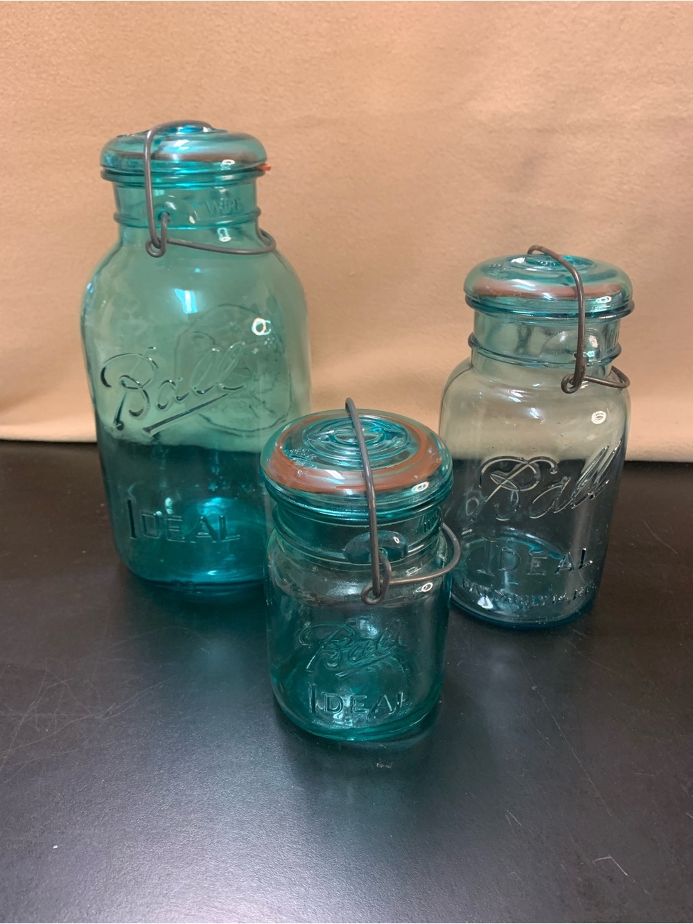 Ball Ideal Glass Canister Trio in Aqua Blue, Inv 909
